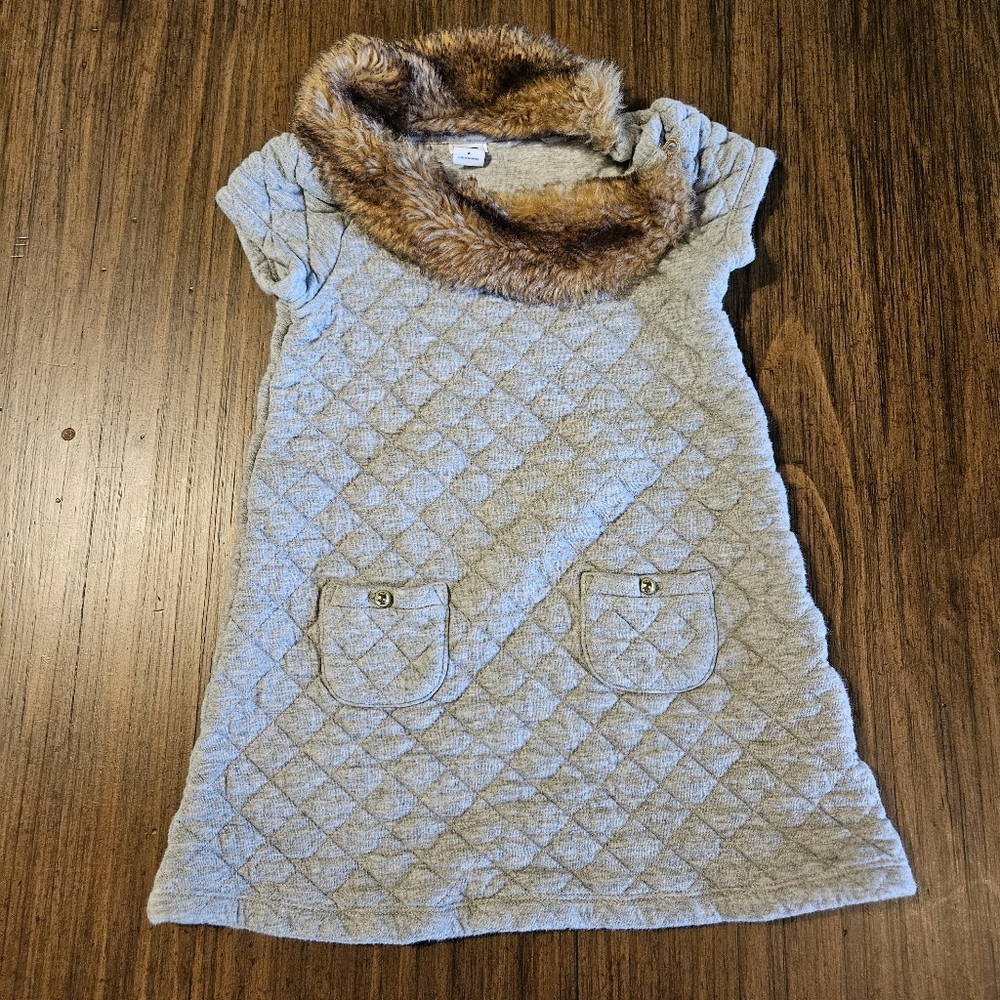 Janie & Jack Riding Lesson Faux Fur Collar Gray Quilted Shift Dress Girls Size 4